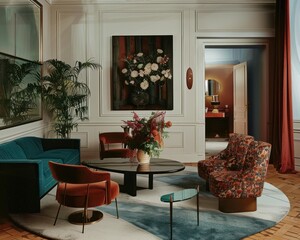 Elegant living room interior with a cozy sofa, stylish furnishings, and tasteful art decor.