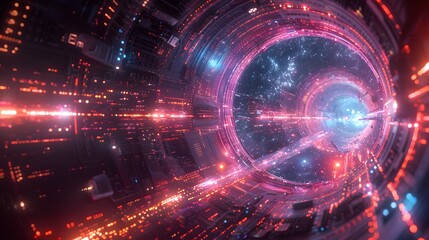 Obraz premium Cyber Showdown in the Cosmic Arena - Futuristic AI vs Human Technology Battle with Neon Designs and Space Visuals