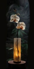 Elegant white orchid in a tall glass vase on a dark background with dramatic lighting.