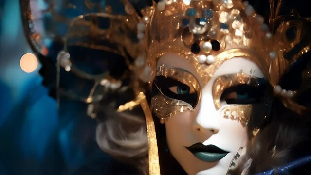 A woman in a gold-blue carnival mask