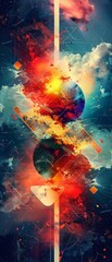 A colorful abstract painting of two planets with a red line in the middle