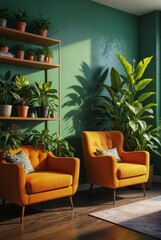 Modern Living Room with Yellow Armchairs and Green Plants