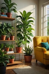 Living Room with Plants and Yellow Armchair