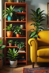 Stylish Living Room with Orange Bookshelf and Yellow Sofa