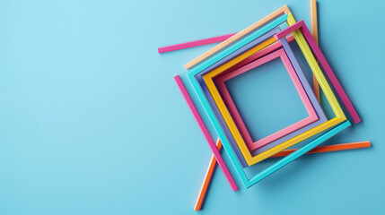 Brightly colored geometry tools forming a neat square on a pastel blue background.