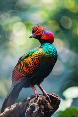 Vibrant European bee-eater bird perched on a branch with yellow flowers in soft-focus background.