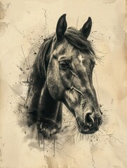 Artistic black and white sketch of a horse head with splatter texture on a beige background.