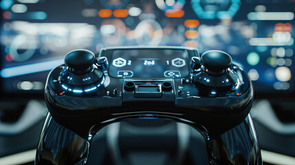 A macro shot of an AR game controller with virtual buttons and controls visible on the screen.