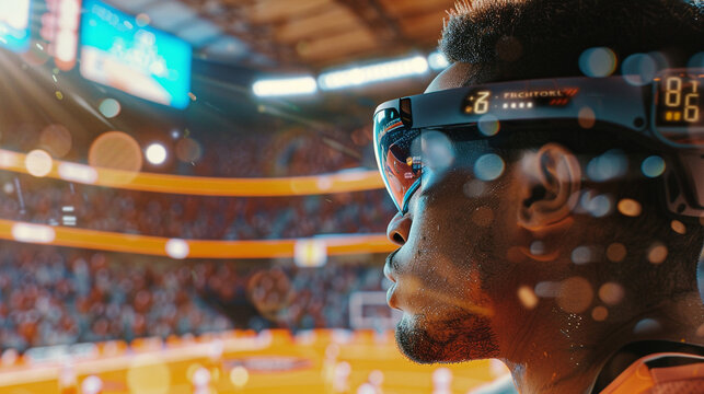 A detailed shot of a sports event viewed through AR glasses, with real-time stats and player information overlaying the action.