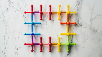 Brightly colored science tools forming a neat square on a white marble surface.