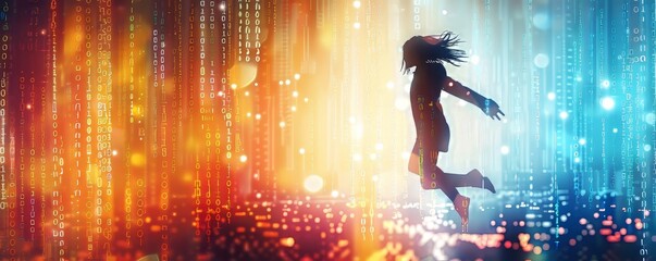 Woman Jumping In Digital Landscape