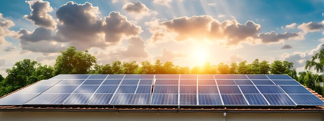 Solar Energy Photovoltaic Panel System on Home Roof. Green House Eco-Industry with Solar Power. Future Electric Technology for Sustainable Energy. Sunset Sky Light and Nature Station.