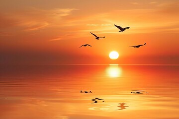 Obraz premium Serene sunset over calm water with silhouette of birds in flight reflecting in the surface, creating a peaceful and tranquil scene.