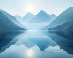 Serene mountain landscape with misty peaks reflected in calm lake waters under a soft morning light, creating a tranquil and peaceful scene.
