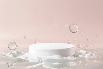 empty podium product display with water ripples and green leaf, for beauty cosmetic mockup presentation, nature and pristine
