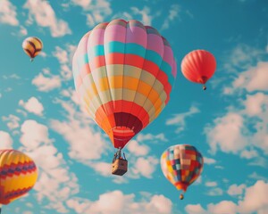 Fototapeta premium Colorful hot air balloons floating in a bright blue sky with fluffy white clouds, creating a whimsical and joyful scene perfect for travel and adventure.