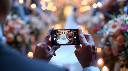 a professional photograper taking picutres in an wedding, at the same time,generative ai