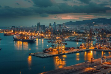Fototapeta premium Commercial dock at dusk with containers and cranes 