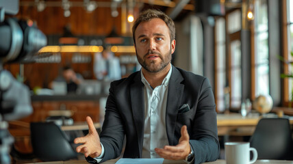 Fototapeta premium Confident lawyer in formal attire, speaking on camera in a modern family business setting.generative ai