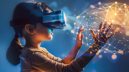 A young girl using a VR headset is immersed in a digital environment, interacting with virtual elements, symbolizing the integration of technology and education.