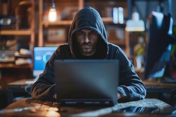 Hacker in hood hacking at computer in dark room. Computer criminal uses malware to hack devices