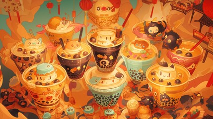 A whimsical depiction of boba tea cups attending a costume party, with each cup dressed up as a different cartoon character. The intricate details and vibrant colors add to the festive atmosphere of