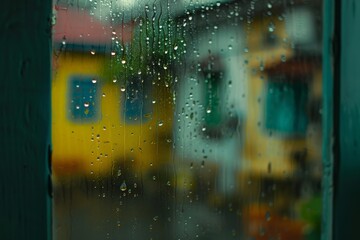 Raindrops on window with blurry colorfull background