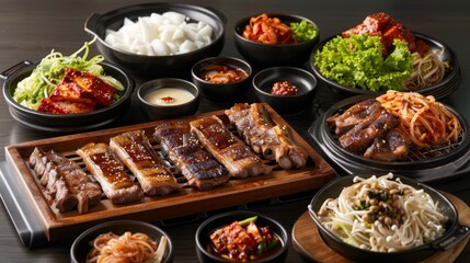 a samgyeopsal feast, showcasing grilled pork belly and various side dishes in a setting of a traditional Korean barbecue restaurant, emphasizing the communal dining experience. 