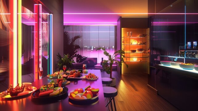 A neon-lit urban apartment with a futuristic osechi ryori spread, emphasizing the blend of tradition and contemporary living. --ar 16:9 --style raw Job ID: 6dfbee60-328e-4cb2-950c-0207e586ca56