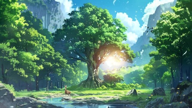 landscape with big tree and a deer and butterflies. Cartoon or anime style. seamless looping 4K time-lapse virtual video animation background