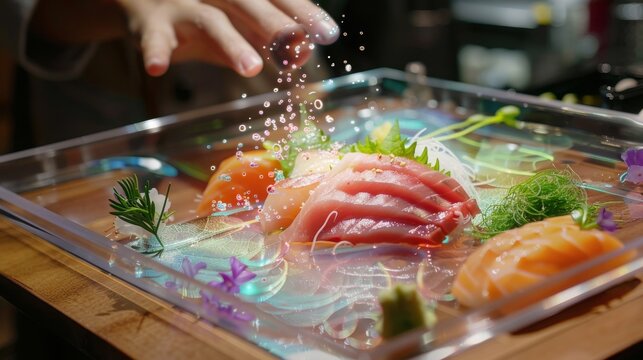 A sashimi platter enhanced with augmented reality elements, floating virtual garnishes around the dish, emphasizing cutting-edge dining experiences. --ar 16:9 