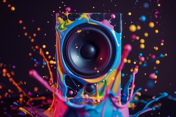 This is a colorful paint splash on a speaker isolated on a black background