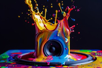 Obraz premium This is a colorful paint splash on a speaker isolated on a black background