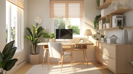 A Scandinavian-inspired home office with clean lines, light colors, and natural materials for a peaceful working environment --ar 16:9 --style raw Job ID: 5723ff2e-3cfd-4ead-bc01-ec0787be5283