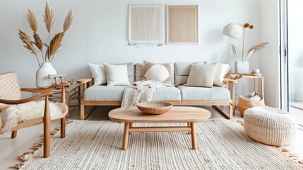 A Scandinavian-inspired living room with light colors, natural materials, and a simple, clean design --ar 16:9 --style raw Job ID: 75fba1bd-9268-405b-932a-4d2c55779cbd
