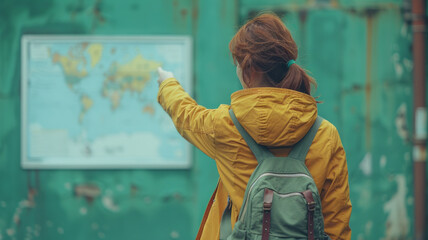 woman pointing while green background, generative ai