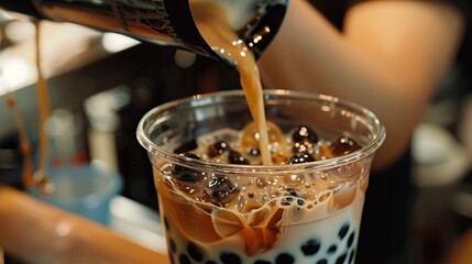 A close-up shot of a boba tea cup being prepared, showing the process of adding tapioca pearls to the bottom of the cup before pouring in the tea and milk mixture.