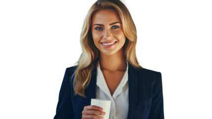 woman in suit having coffee isolated and cut out