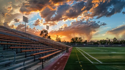 Soccer field at sunset, empty bleachers, dramatic clouds