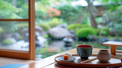A serene tea house serving freshly made dorayaki, with a tranquil garden view, emphasizing tradition and relaxation. --ar 16:9 --style raw Job ID: 1dbbb864-f50f-420b-b708-06da45de5932