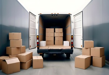 A commercial delivery van or box truck, its rear doors open, glossy ground, surrounded by a variety of empty cardboard boxes in various sizes on a plain grey backdrop.
