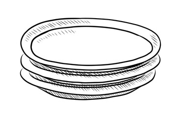 BLACK AND WHITE VECTOR CONTOUR DRAWING OF A STACK OF PLATES