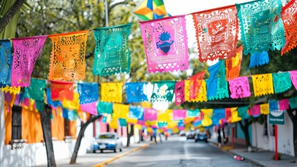 Fototapeta premium Colorful festive flags hanging over a street, creating a vibrant atmosphere in a lively neighborhood.