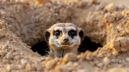 Fototapeta premium A curious meerkat peeks out of its burrow in the Kalahari Desert.