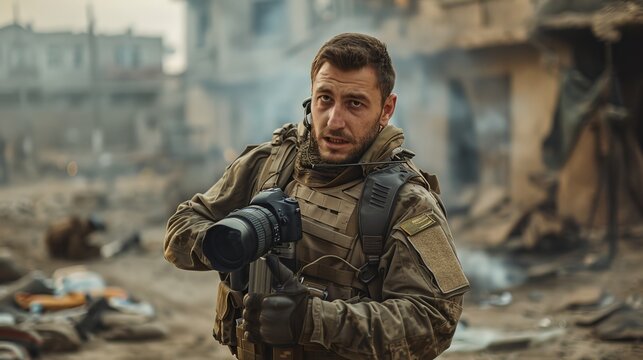 One man, war journalist with digital camera at the place of action, in war zone