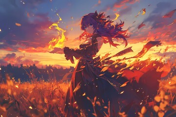 anime style illustration, a girl with fire magic powers