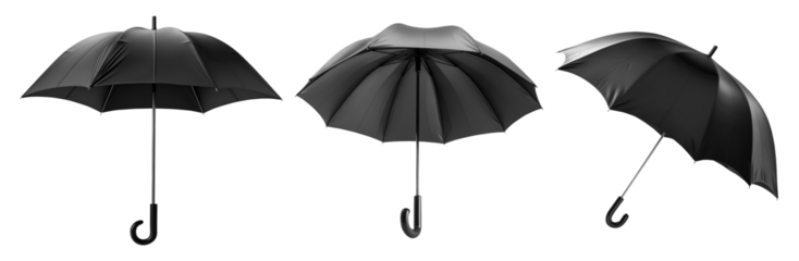 Set of black canopy umbrella parasol brolly, on transparent cutout PNG file. Many assorted different angles. Mockup template for artwork design