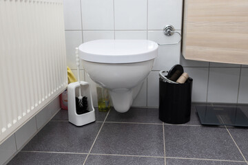 Bathroom equipment with toilet and toilet brush and trash can