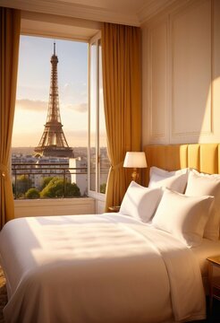 Peaceful white linen hotel bedroom offering a breathtaking vista of the Eiffel Tower from the window during the golden hour
