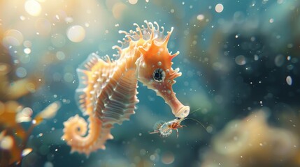 Cute seahorse on a blue background with bubbles.